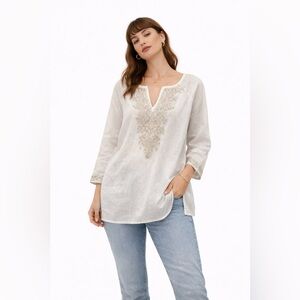 Symple NYC Women's 100% Linen Tunic White‎ Beige Embroidered Boho size large